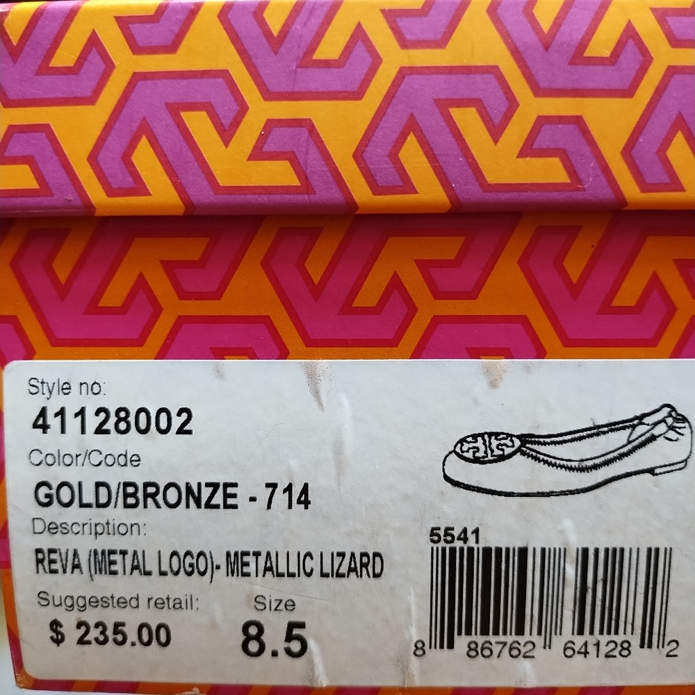 Tory Burch Gold/Bronze Reva Metallic Lizard Reva Ballet Flat Metal Logo Size 8.5 - Picture 4 of 15